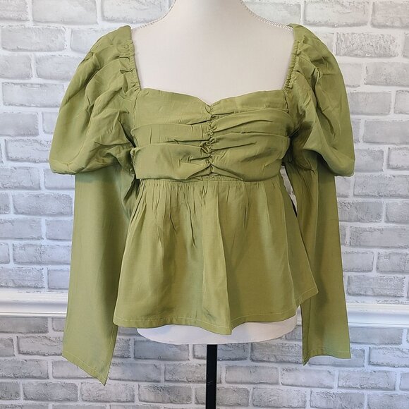 & Merci Green Satin Smocked Long Sleeve Blouse Top Whimseygoth Cottage NEW L - Picture 1 of 8